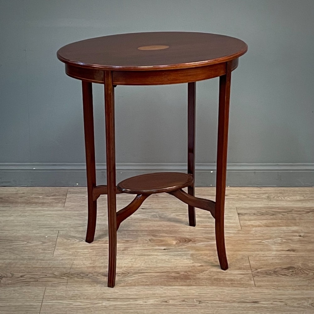 Attractive Edwardian Oval Inlaid Mahogany Two Tier Side Table View II