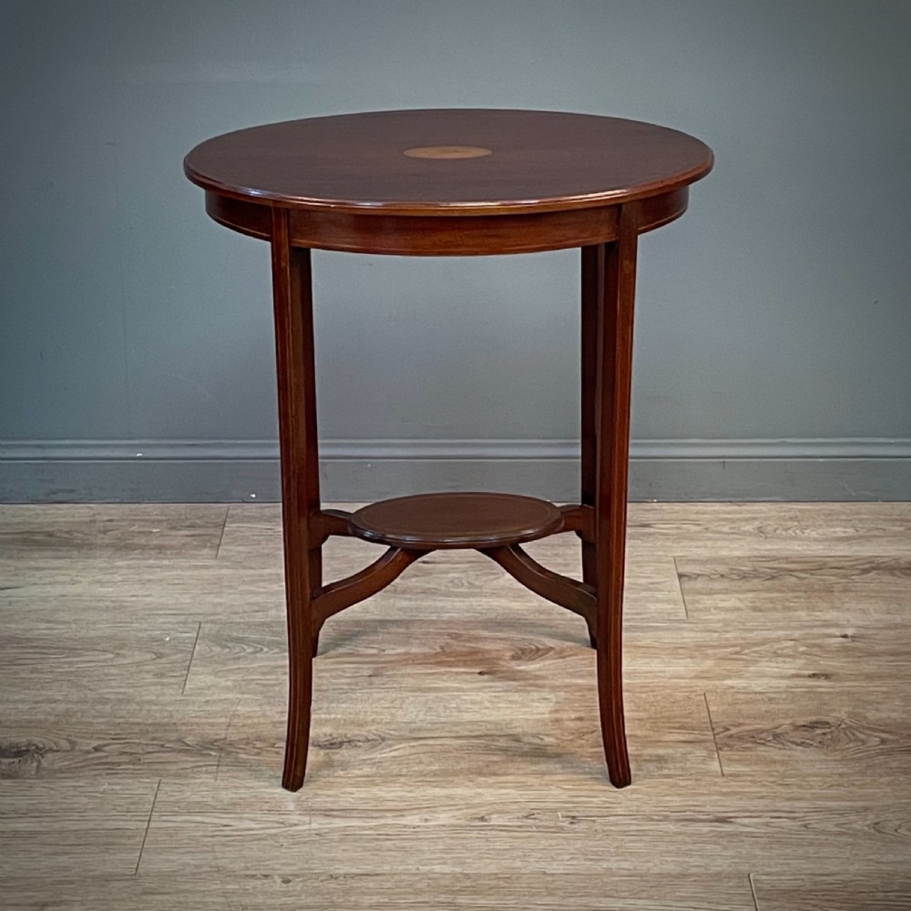 Attractive Edwardian Oval Inlaid Mahogany Two Tier Side Table View IV