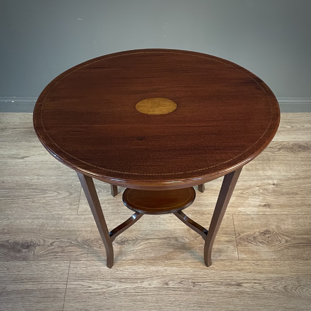 Attractive Edwardian Oval Inlaid Mahogany Two Tier Side Table View V
