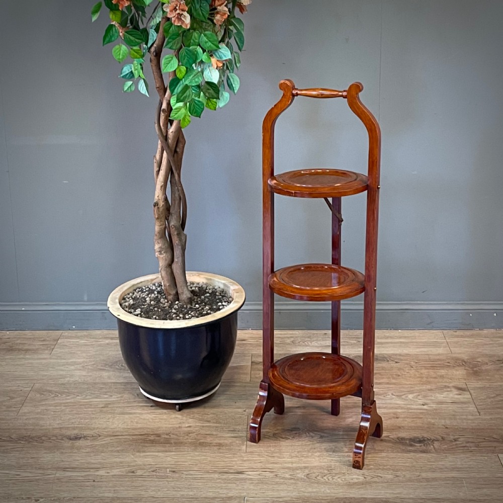 Attractive Antique Mahogany Sturdy Three Tier Folding Cake Plate Stand