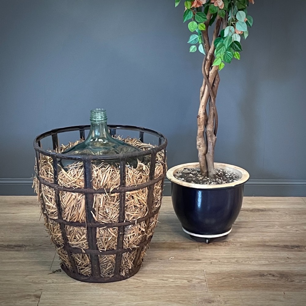 Attractive Large Antique French Demijohn Carboy Bottle In Original Iron Basket