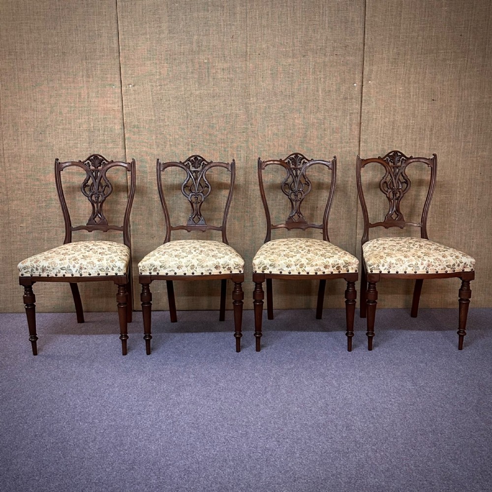 Set of Four Antique Edwardian Carved Mahogany Upholstered Dining Chairs