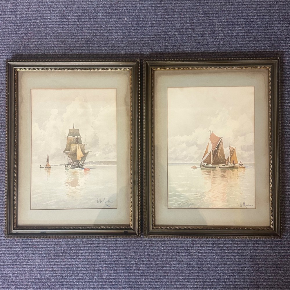 Antique Pair of Elle Martino Framed Prints Depicting Sailing Boats on Thames and Gravesend