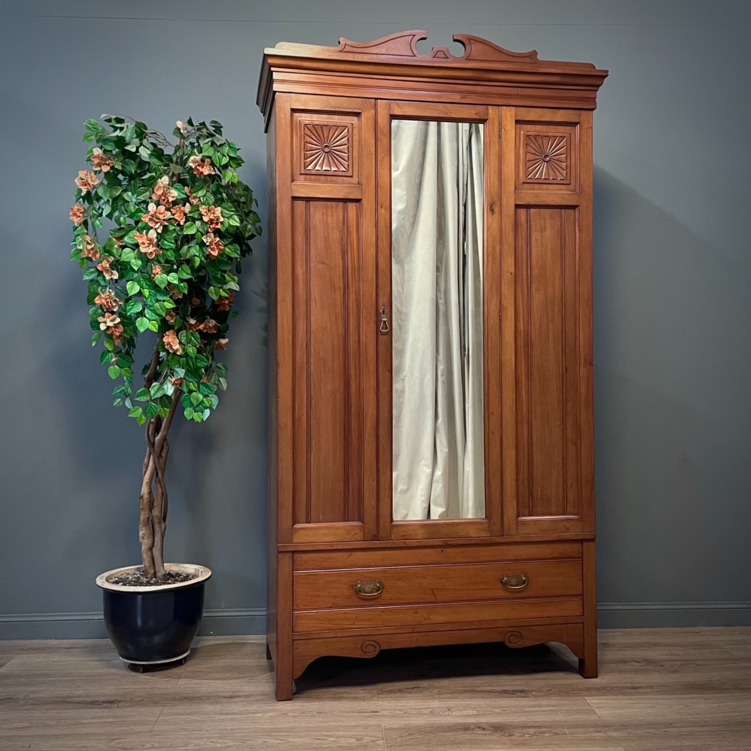 Large Antique Edwardian Walnut Mirror Door Wardrobe With Base Drawer