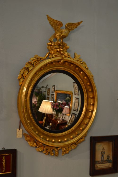 LARGE REGENCY EAGLE MOUNTED CIRCULAR GILDED CONVEX MIRROR - ADDITIONAL PHOTO 1