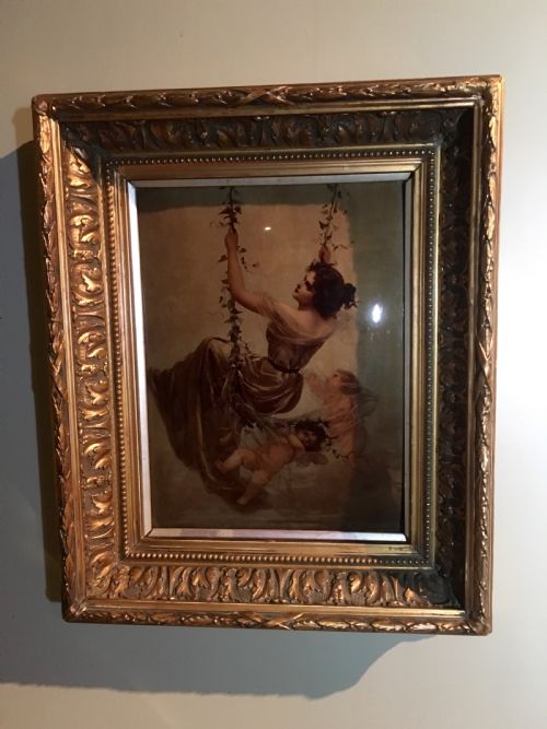 Rare Crystoleum of Girl on Swing by Edouard Bisson in Good Carved & Gilded Frame C.1895