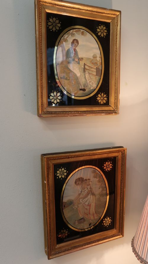 GOOD PAIR OF REGENCY SILK NEEDLEWORK EMBROIDERIES WITH GILT MEZZOTINT FRAMES - ADDITIONAL PHOTO 2