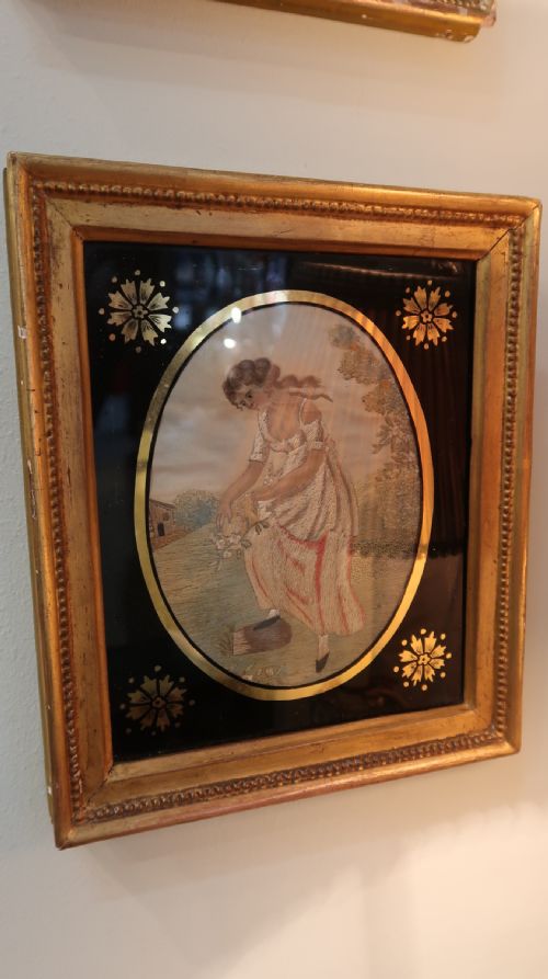 GOOD PAIR OF REGENCY SILK NEEDLEWORK EMBROIDERIES WITH GILT MEZZOTINT FRAMES - ADDITIONAL PHOTO 3