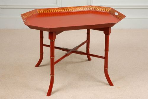 Red & Gilt Regency Octagonal Tole Ware Tray on Stand