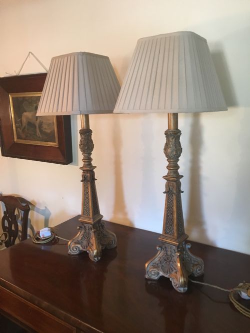 Good Pair of Well Carved Painted and Gilded Lamps
