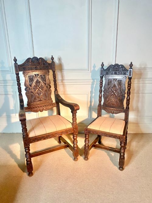 Set of 10 Jacobean Style Oak Dining Chairs