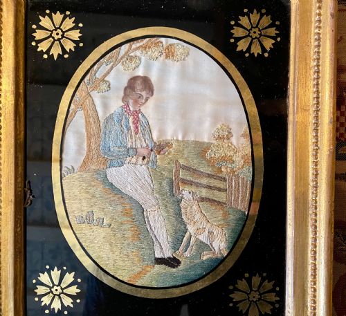 FINE PAIR OF REGENCY SILK EMBROIDERIES WITH MEZZOTINT BLACK GLASS AND ORIGINAL GILT WOOD FRAMES - ADDITIONAL PHOTO 5
