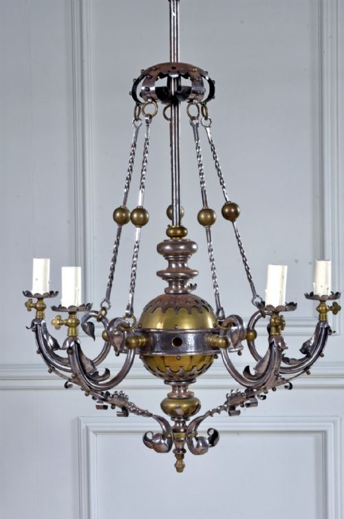 Rare Brass and Steel Four Branch Chandelier