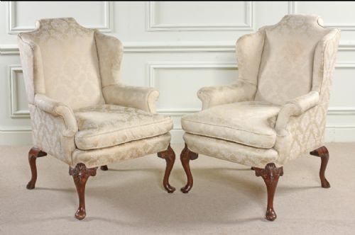 Fine Pair of Queen Anne Style Wing Arm Chairs in Excellent Condition