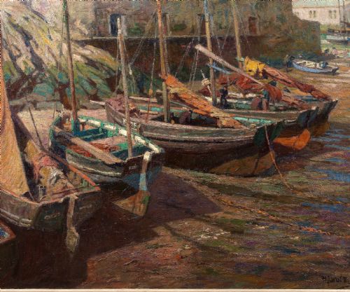 fig 1. An early 20th-century impressionist oil painting depicting fishing boats docked in Polperro Harbour, set within a carved timber frame.