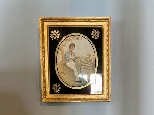 FINE PAIR OF REGENCY SILK EMBROIDERIES WITH MEZZOTINT BLACK GLASS AND ORIGINAL GILT WOOD FRAMES - ADDITIONAL PHOTO 1