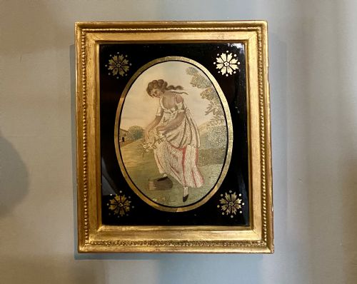 FINE PAIR OF REGENCY SILK EMBROIDERIES WITH MEZZOTINT BLACK GLASS AND ORIGINAL GILT WOOD FRAMES - ADDITIONAL PHOTO 2