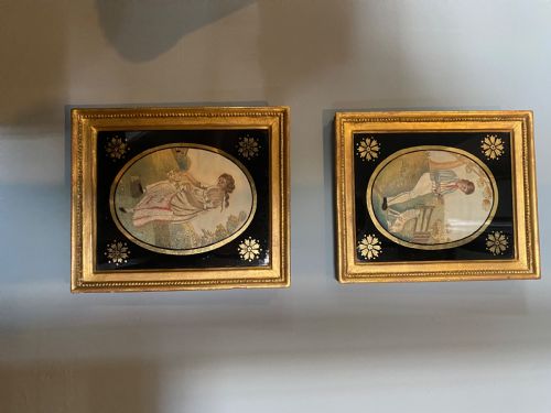 FINE PAIR OF REGENCY SILK EMBROIDERIES WITH MEZZOTINT BLACK GLASS AND ORIGINAL GILT WOOD FRAMES - ADDITIONAL PHOTO 3