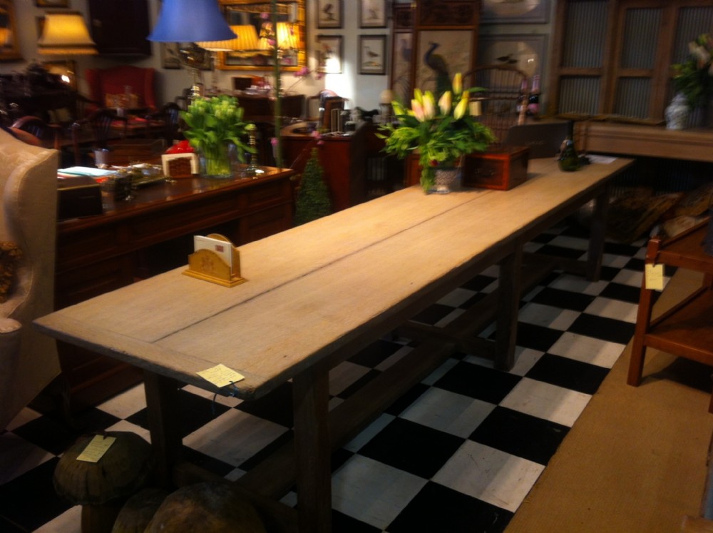 Long solid limed oak victorian refrectory table with a two plank top