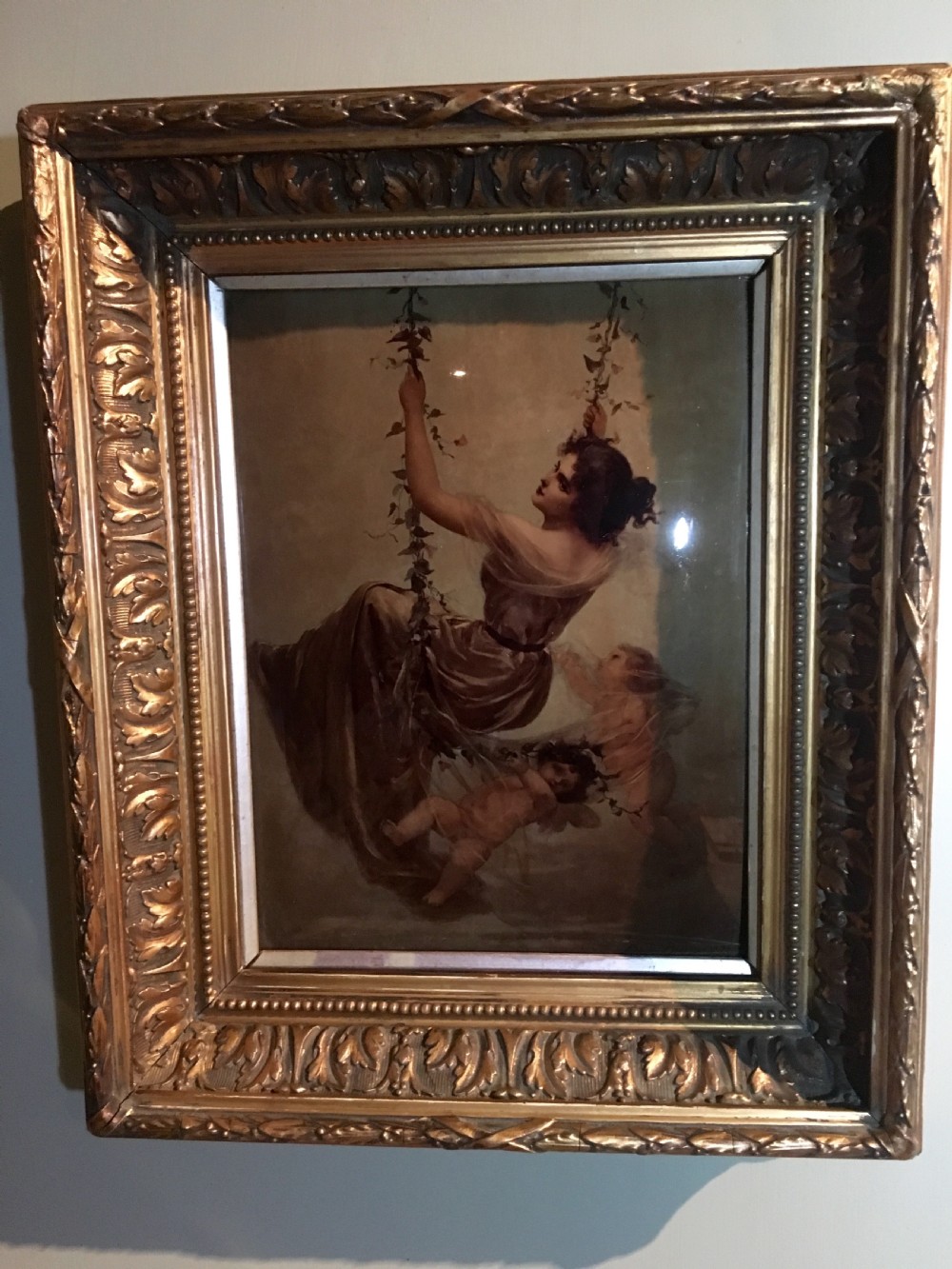 Rare Crystoleum of Girl on Swing by Edouard Bisson in good carved & gilded frame C.1895 View II