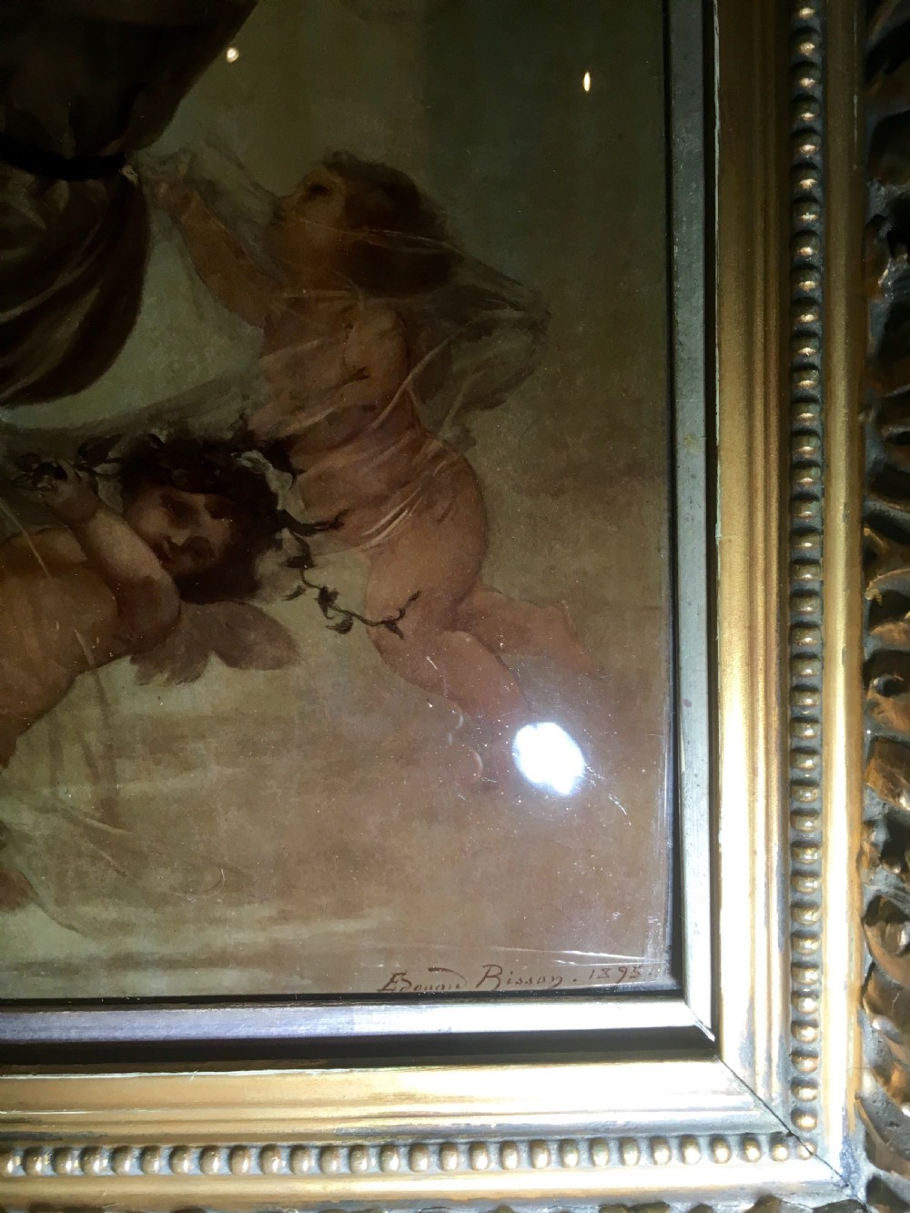 Rare Crystoleum of Girl on Swing by Edouard Bisson in good carved & gilded frame C.1895 View III