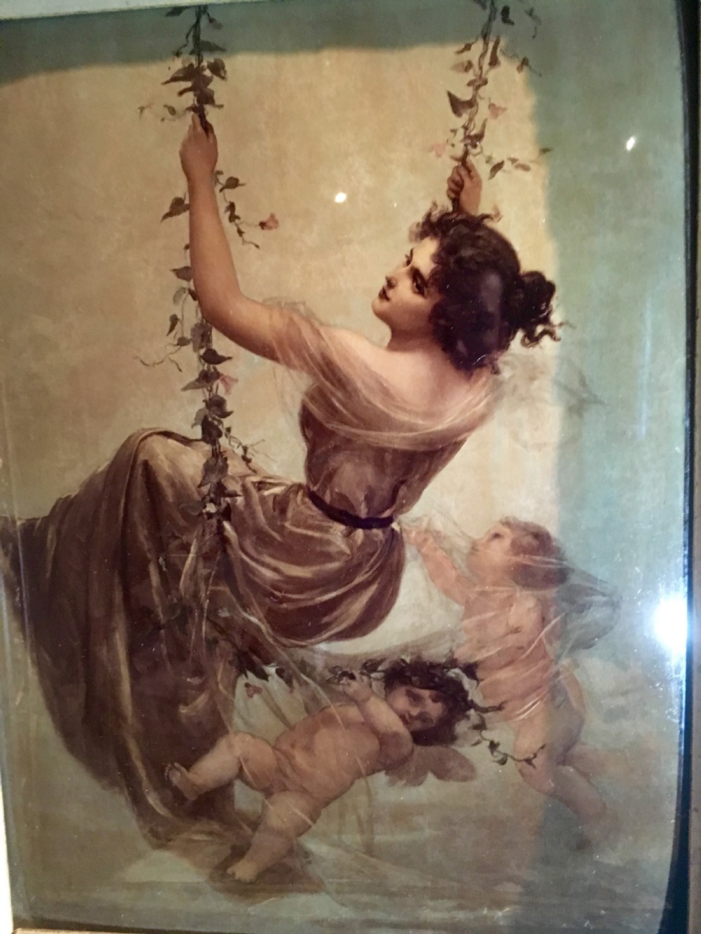 Rare Crystoleum of Girl on Swing by Edouard Bisson in good carved & gilded frame C.1895 View IV