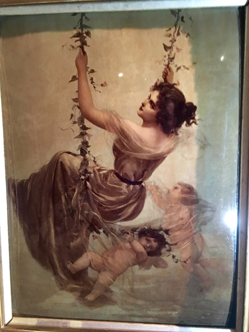 Rare Crystoleum of Girl on Swing by Edouard Bisson in good carved & gilded frame C.1895 View V