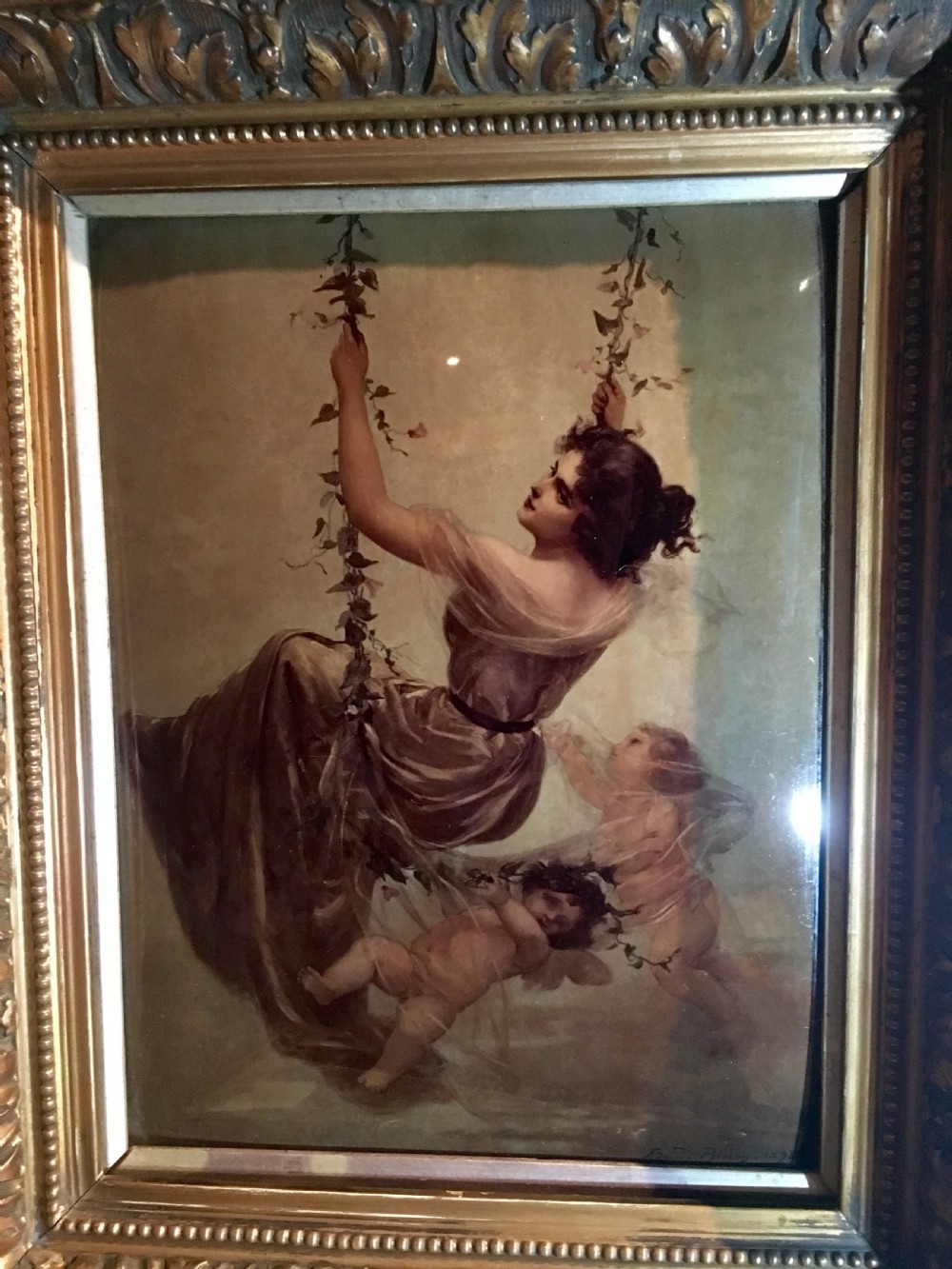 Rare Crystoleum of Girl on Swing by Edouard Bisson in good carved & gilded frame C.1895 View VI