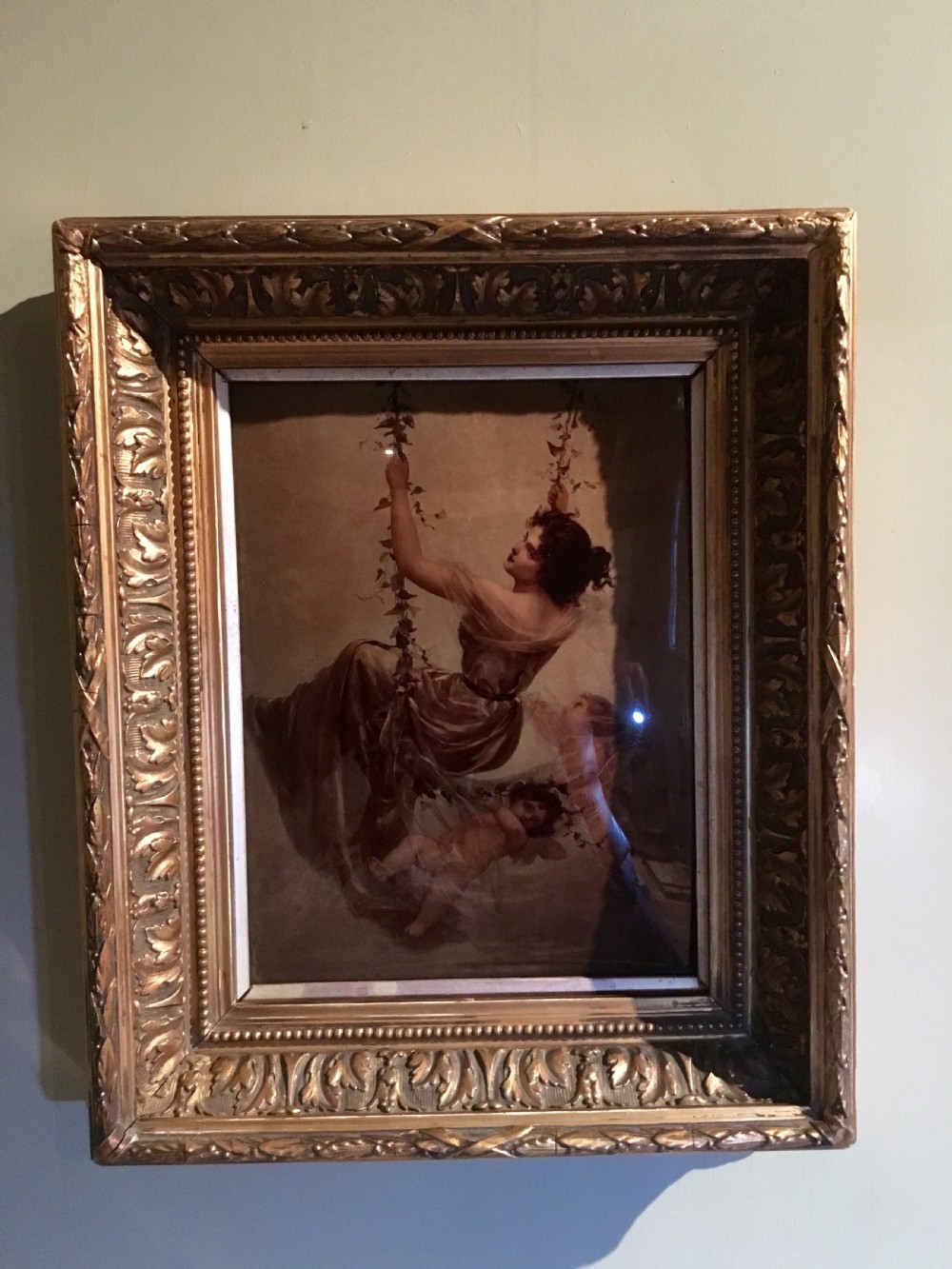 Rare Crystoleum of Girl on Swing by Edouard Bisson in good carved & gilded frame C.1895 View VIII