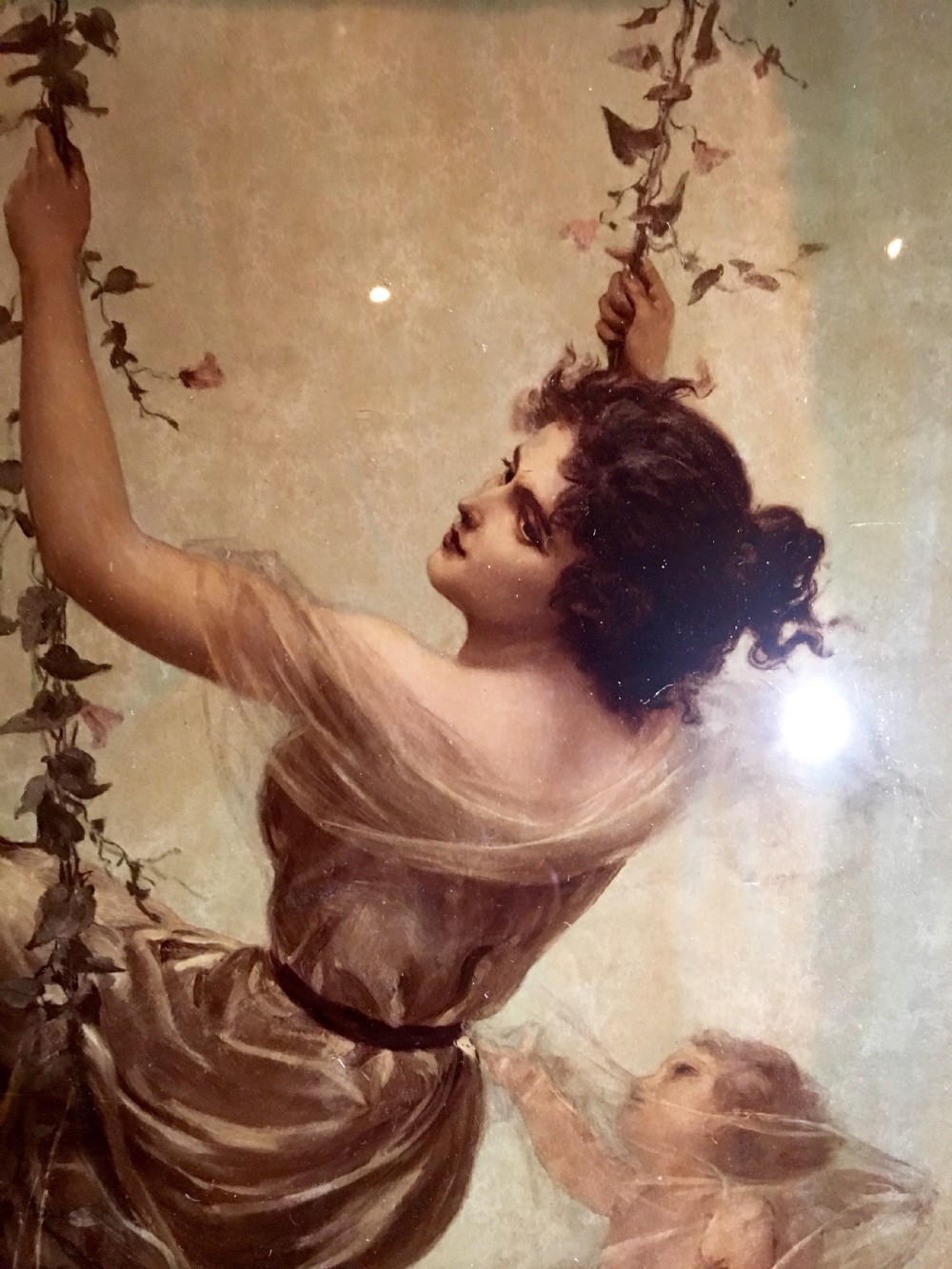 Rare Crystoleum of Girl on Swing by Edouard Bisson in good carved & gilded frame C.1895 View IX