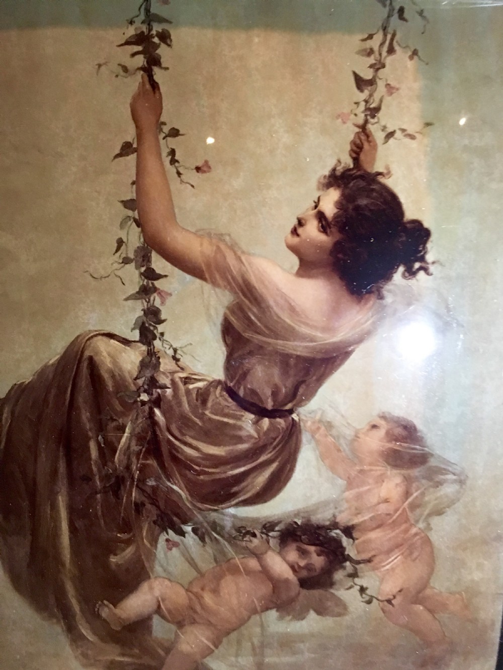 Rare Crystoleum of Girl on Swing by Edouard Bisson in good carved & gilded frame C.1895 View X