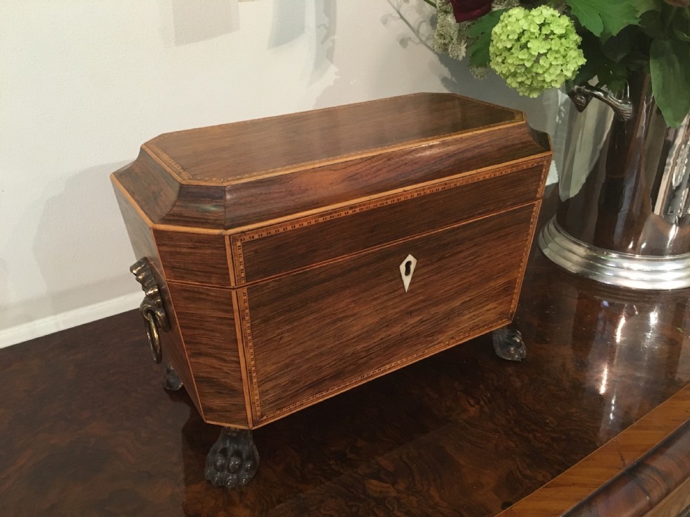 Rare Regency rosewood tea caddy with original interior