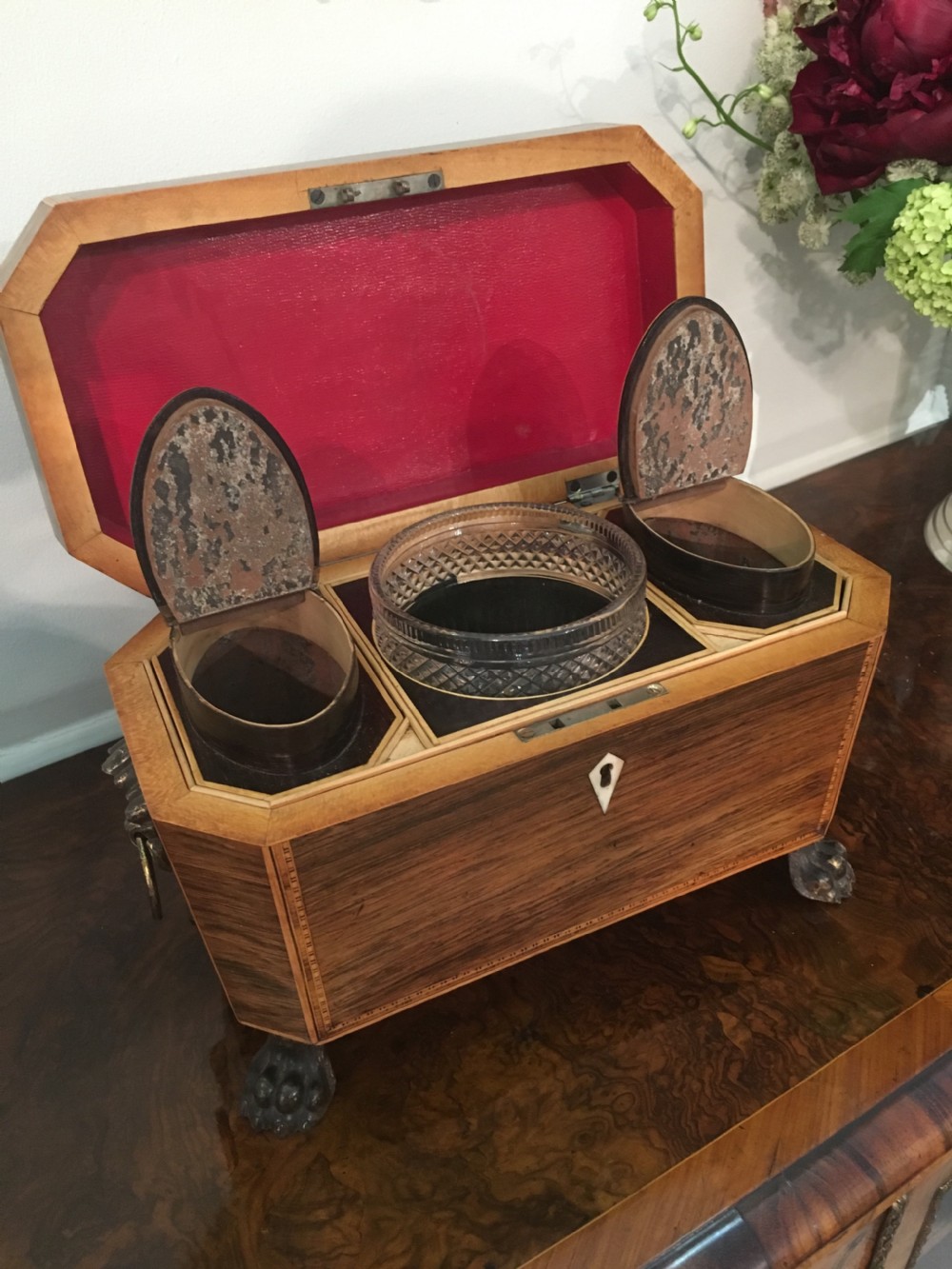 Rare Regency rosewood tea caddy with original interior View V