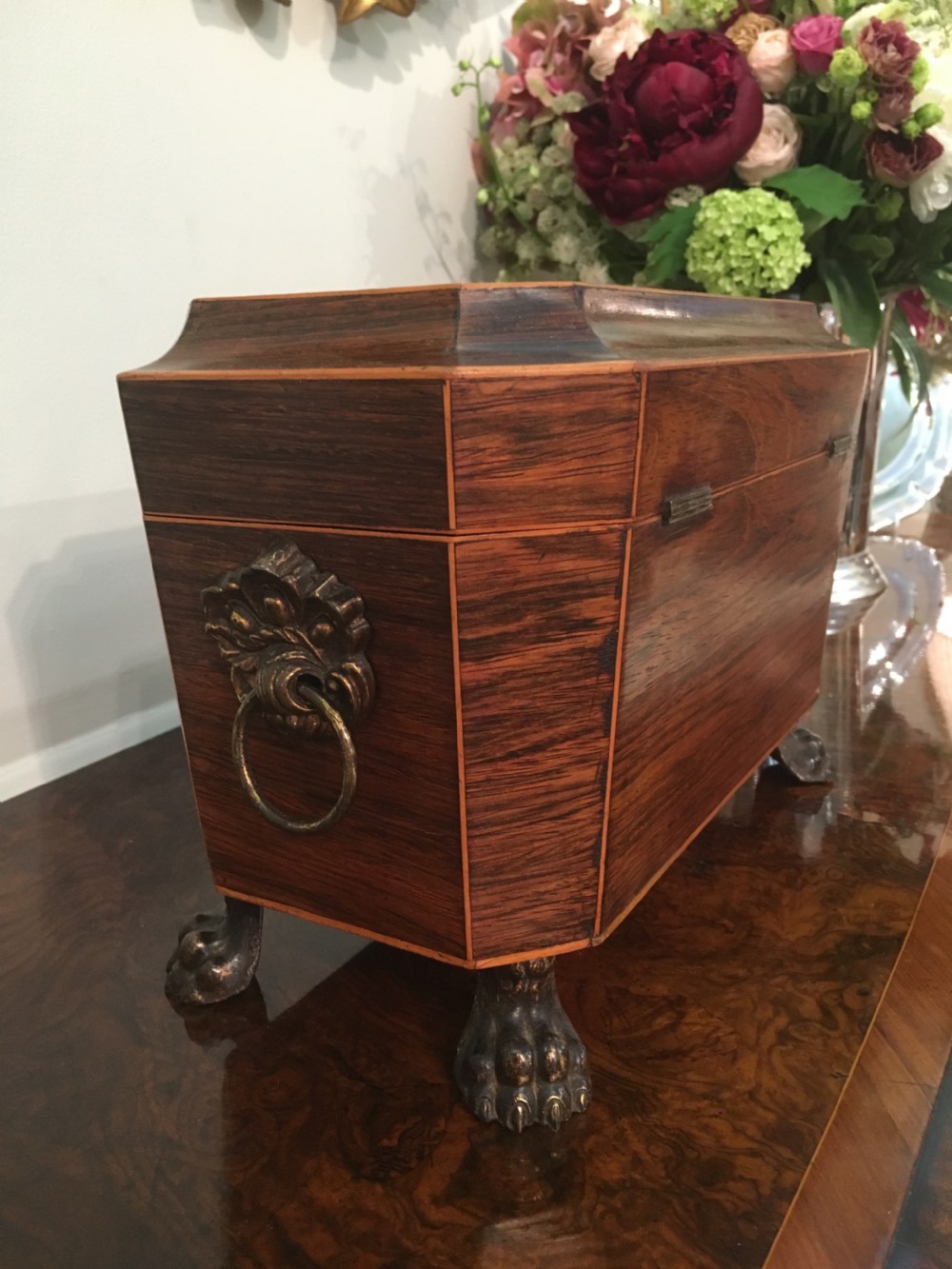 Rare Regency rosewood tea caddy with original interior View XIII