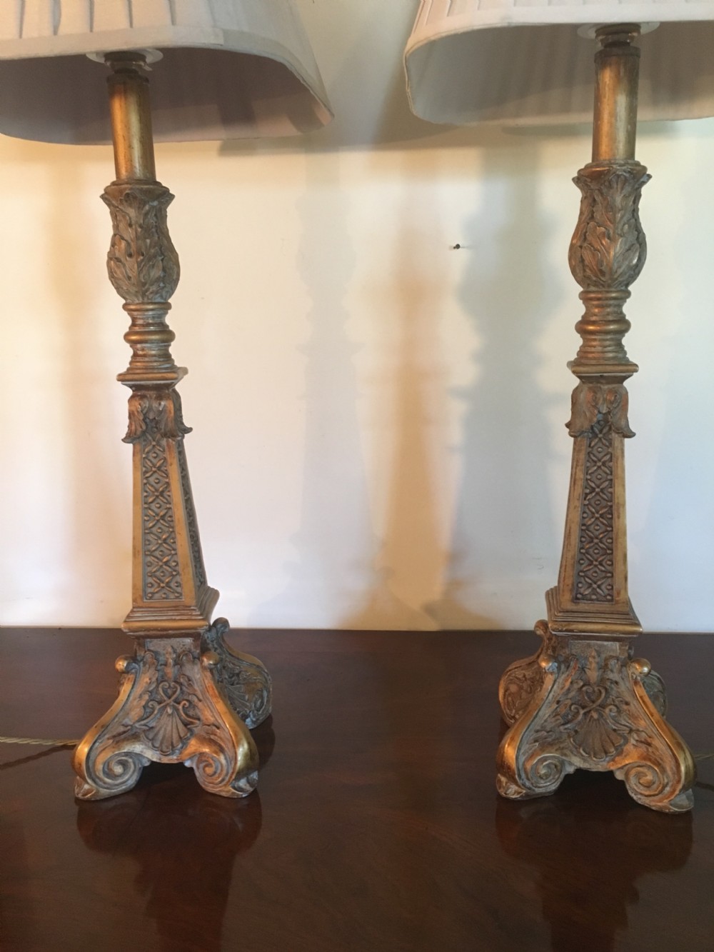 Good pair of well carved painted and gilded lamps View II