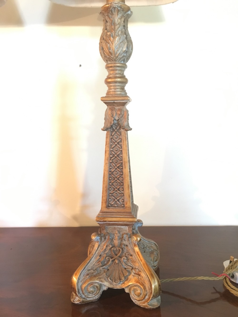 Good pair of well carved painted and gilded lamps View III