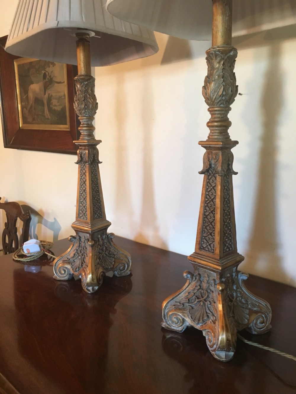 Good pair of well carved painted and gilded lamps View IV
