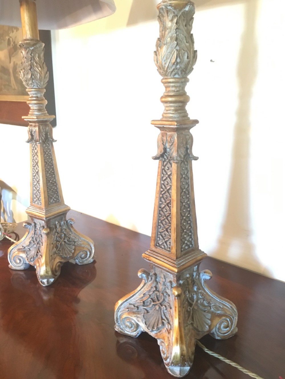 Good pair of well carved painted and gilded lamps View V
