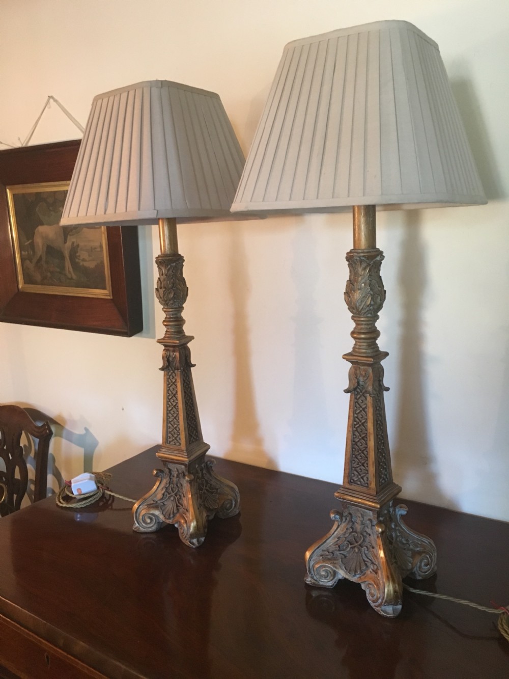 Good pair of well carved painted and gilded lamps View VI