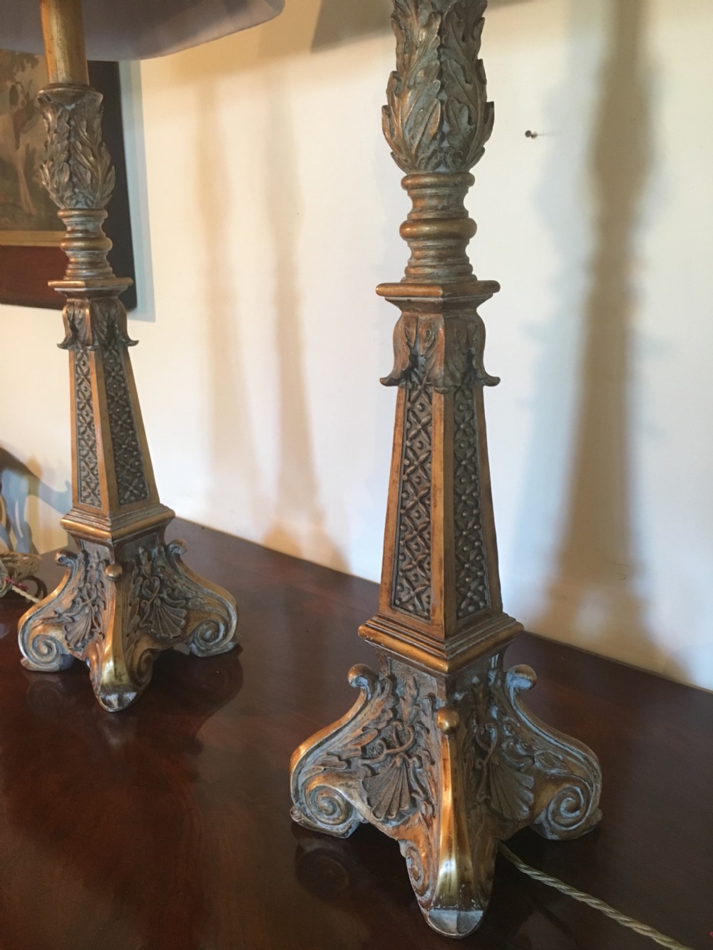 Good pair of well carved painted and gilded lamps View VII