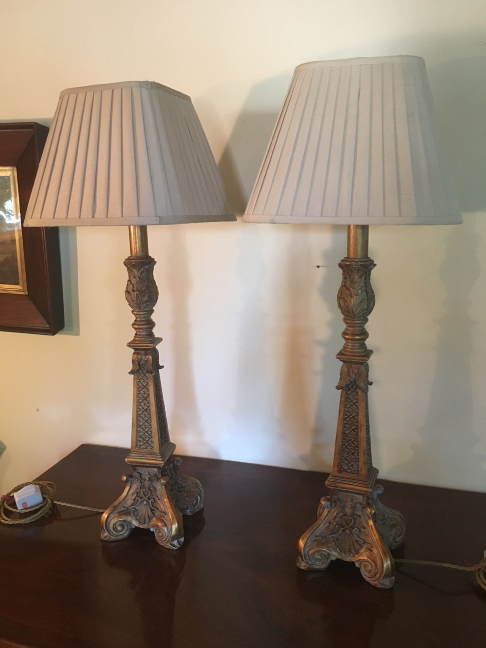 Good pair of well carved painted and gilded lamps View X