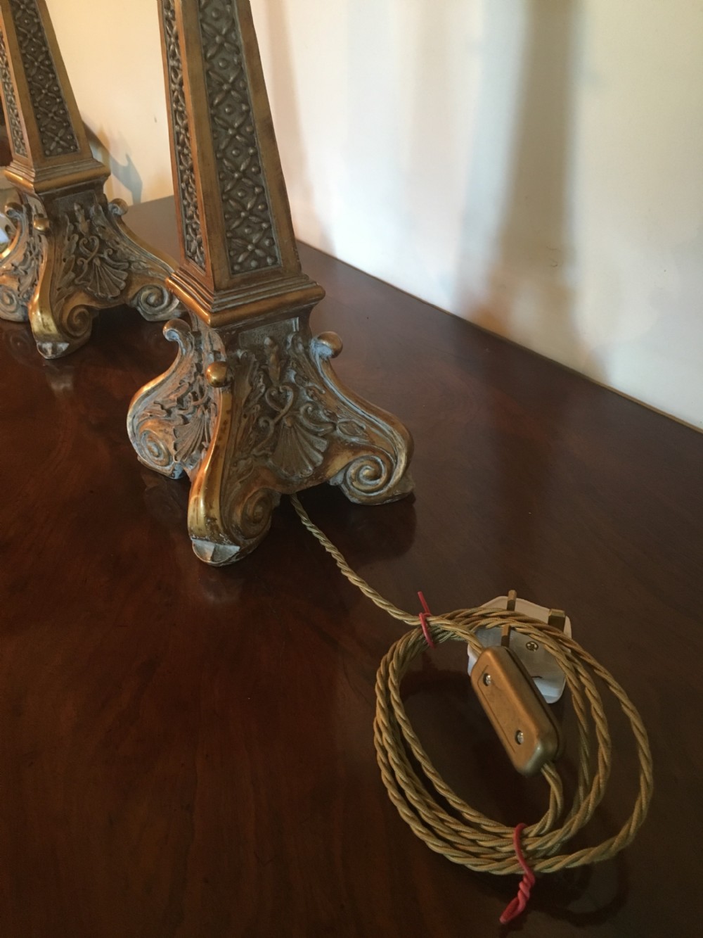 Good pair of well carved painted and gilded lamps View XI