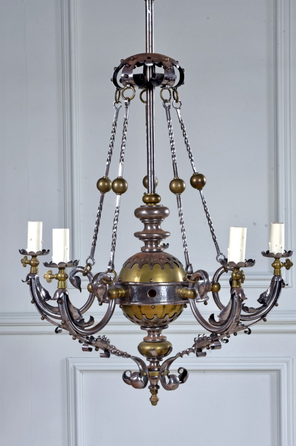 Rare brass and steel four branch chandelier