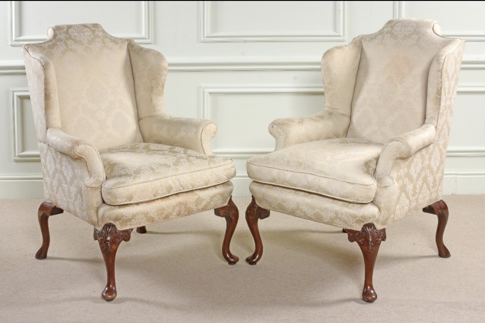 Fine pair of Queen Anne style wing arm chairs in excellent condition