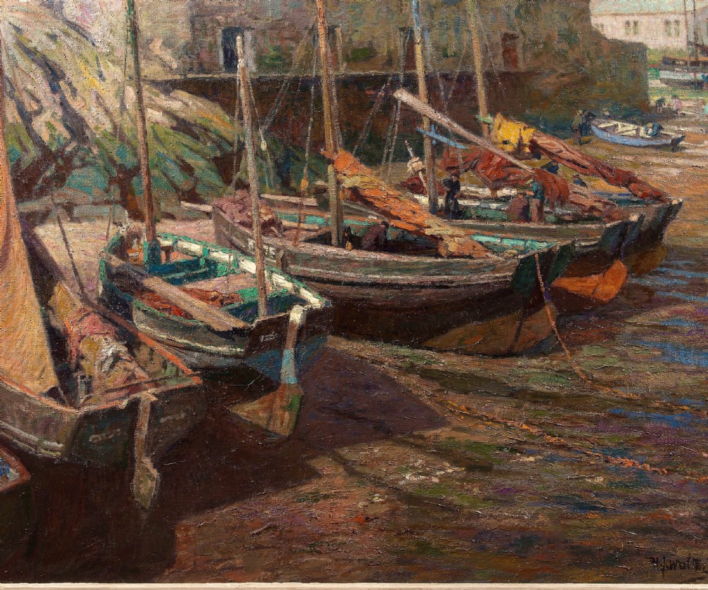 An early 20th-century impressionist oil painting depicting fishing boats docked in Polperro Harbour, set within a carved timber frame. View II