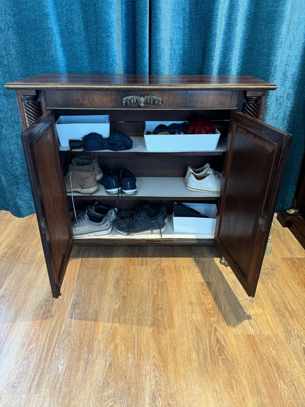 A Regency dark wood side cabinet featuring rope-twist side columns, brass paw feet, and wire-grille doors backed with pleated pale green fabric. View VII