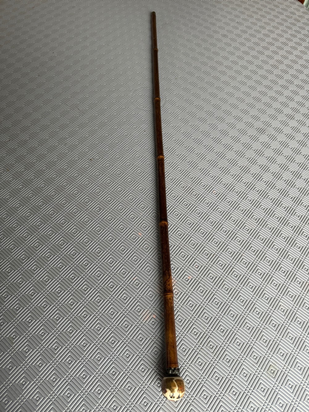 A dark brown bamboo walking stick featuring a cream and gold painted ceramic pommel handle.