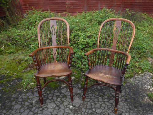 A Close Matched Pair  of Yew Wood Windsor Armchairs