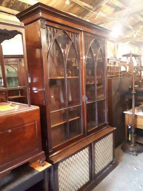 19th Century Mahogany Bookcase Cabinet with Gothic Arched Doors