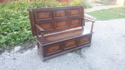 Large Early 20th Century Panelled Oak Monks Hall Seat